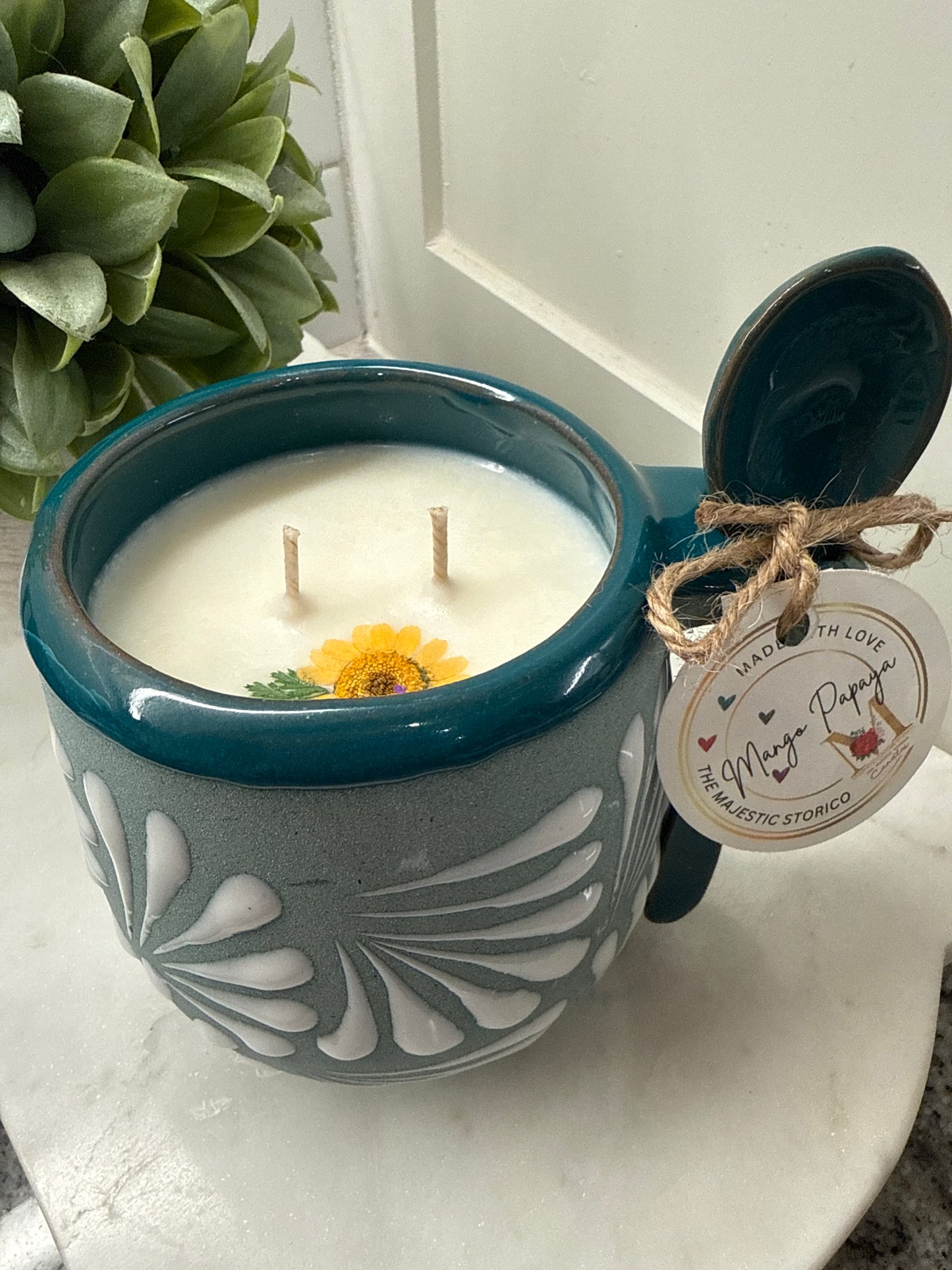 Elegant Taza Candle & Spoon Teal
