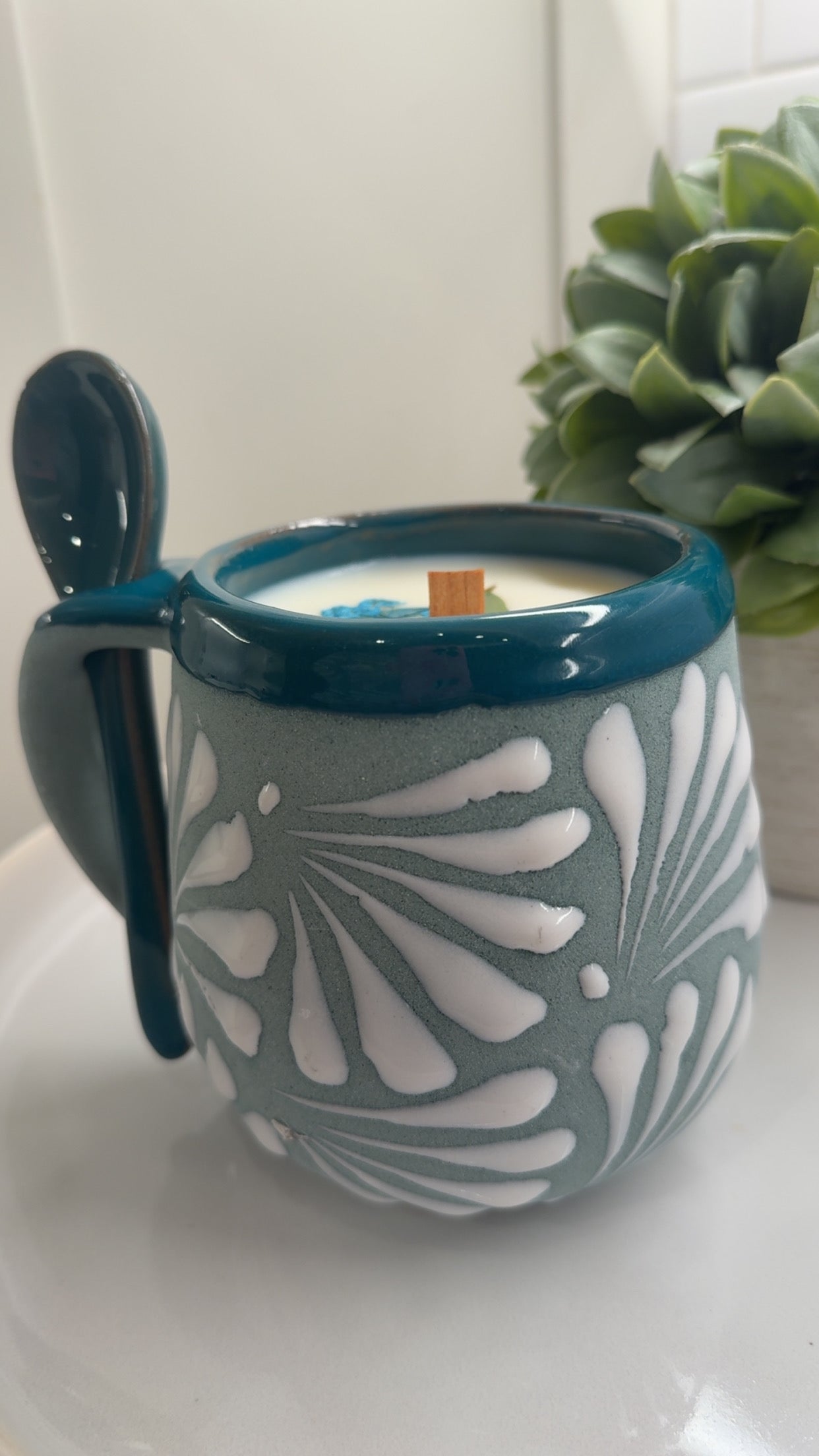 Elegant Taza Candle & Spoon Teal